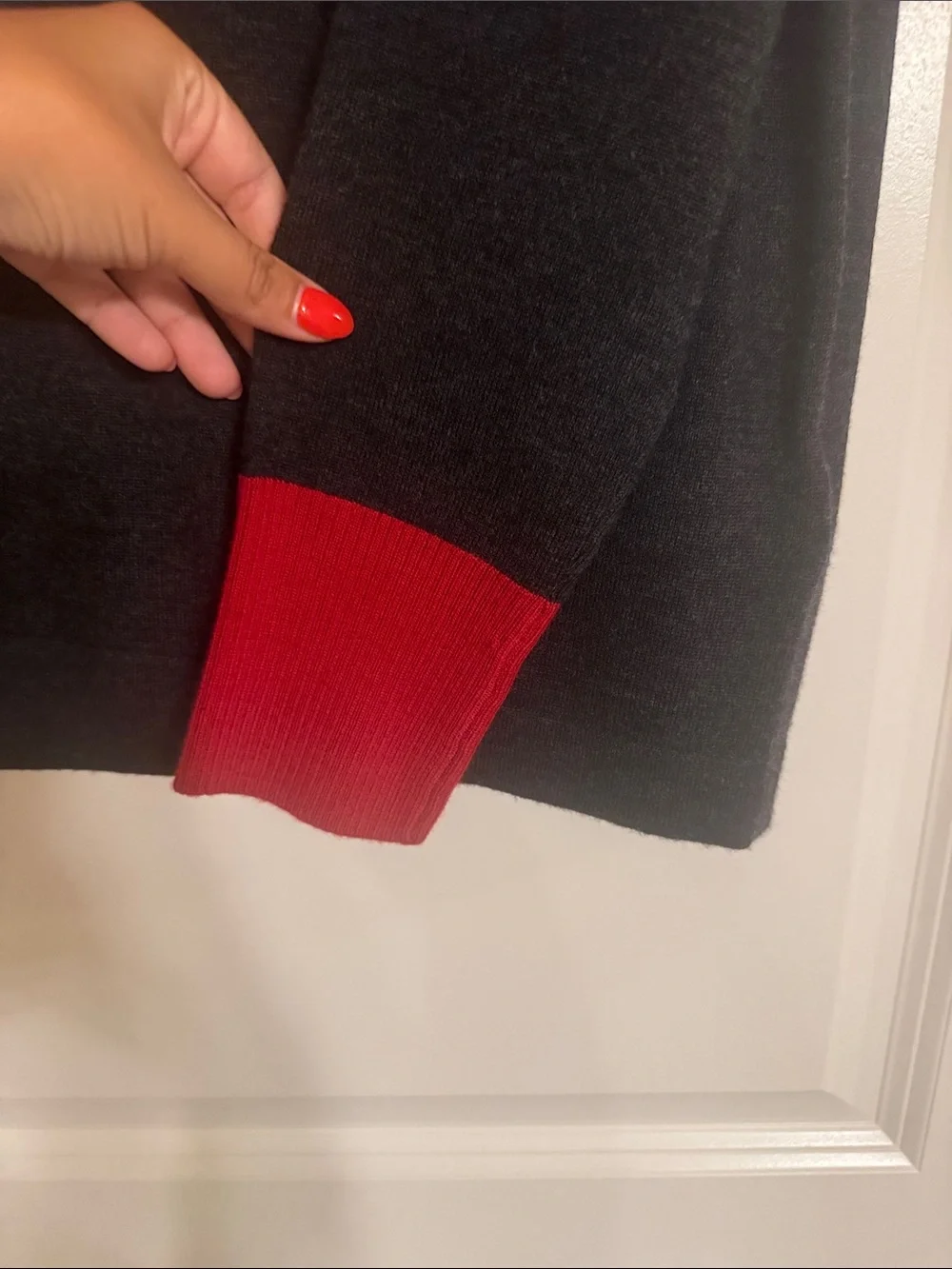 Burberry Charcoal V-Neck Logo Sweater with Red and Gray Trim